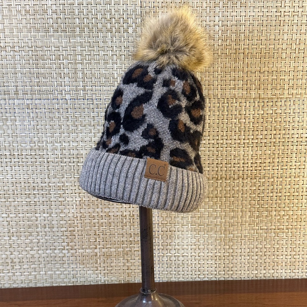 NWOT C.C Soft Gray Leopard Acrylic Faux Fur Pom Beanie OSFM